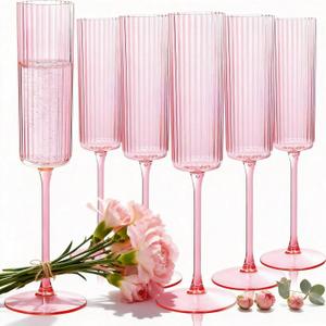 36 Pack Pink Plastic Champagne Flutes - 6oz Ribbed Disposable Champagne Glasses - Clear Pink Vintage Mimosa Glasses with Long Stem Elegant & Lightweight for Wedding Party Mothers Day