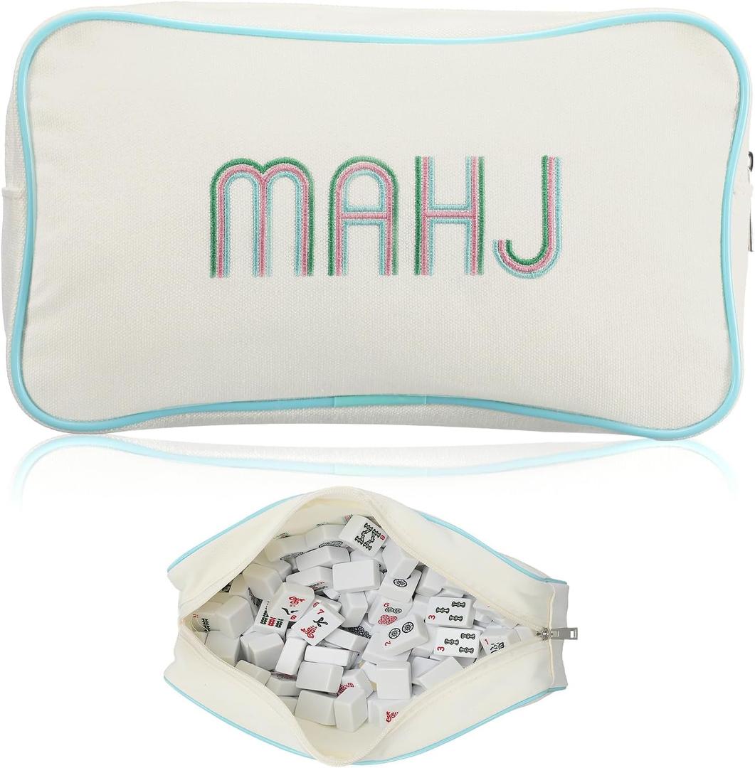Empty Mahjong Bag Thickened American Mahjong Tiles Bag with Zipper Storage Pouch for Board Game Pieces Game Party Travel Gatherings Accessories, 10.4''x5.6'', Case Only (Mahj,Cream White)