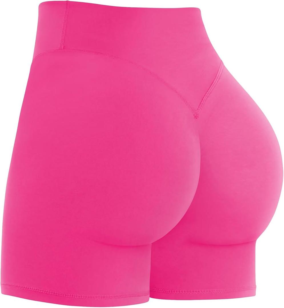 Sunzel Women's Invisible Butt Scrunch Shorts, High Waisted Biker Shorts, Gym Workout Yoga Running Shorts with Tummy Control (Medium, Hot Pink)