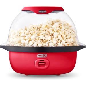 Dash SmartStore Deluxe Stirring Popcorn Maker - Hot Oil Electric Popcorn Popper with Butter-Warming Tray, Clear Serving Bowl, Storage Lid & Measuring Cup - 24 Cups, Red