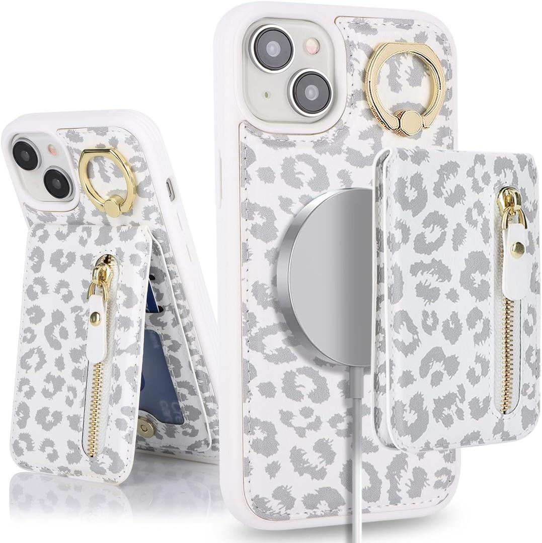 for iPhone 15 Phone case with Card Holder with Compatible magsafe Magnetic, Key Chain PU Leather Flip Kickstand Detachable 2-in-1 Wallet case for Apple15 Women Men-White Leopard