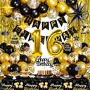 Black and Gold 16th Birthday Decorations for Boys Girls, Gold Party Decorations include Happy Birthday Banner, Tablecloth, Fringe Curtains, Star Foil Balloons for 16th Birthday Decorations