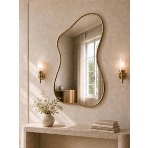 40''x26'' Irregular Wall Mirror with Gold Frame, Asymmetrical Abstract Decorative Mirror for Bedroom Living Room Entryway, Modern Organic Shaped Wall Mirror