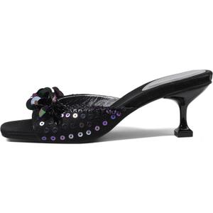 Mattiventon Kitten Heels for Women Comfortable Stiletto Heeled Mule Black Sequin Open Square Toe Slip On Trendy Sandals Prom Party Wedding and Vacation, 7.5