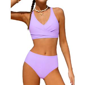 Girls Swimsuit 2 Piece Tropical Floral Twist Cross Swimwear High Waisted Bikini Set Teen Solid Color Bathing Suit (13-14 Years, Solid Lavender Purple)
