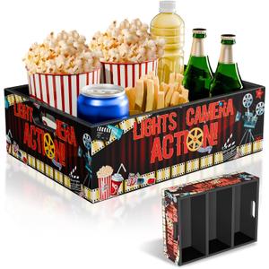 Reusable Movie Night Supplies Snack Tray with Handles and 3 Large Compartments, Wooden Movie Night Gift Basket for Theater Popcorn Bucket, Snack Organizer Box for Home Theater Party Christmas