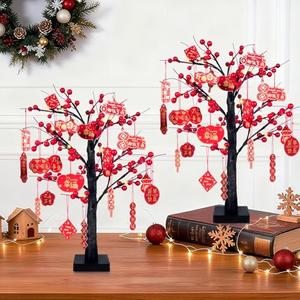 APUDWN 2 Pcs 2026 Chinese New Year Lighted Tree 23.6'' Tabletop Decoration with Bright LED Lights and 36 Hanging Ornaments Festive Lunar New Year Red Decor for Home, Party & Holiday Celebrations