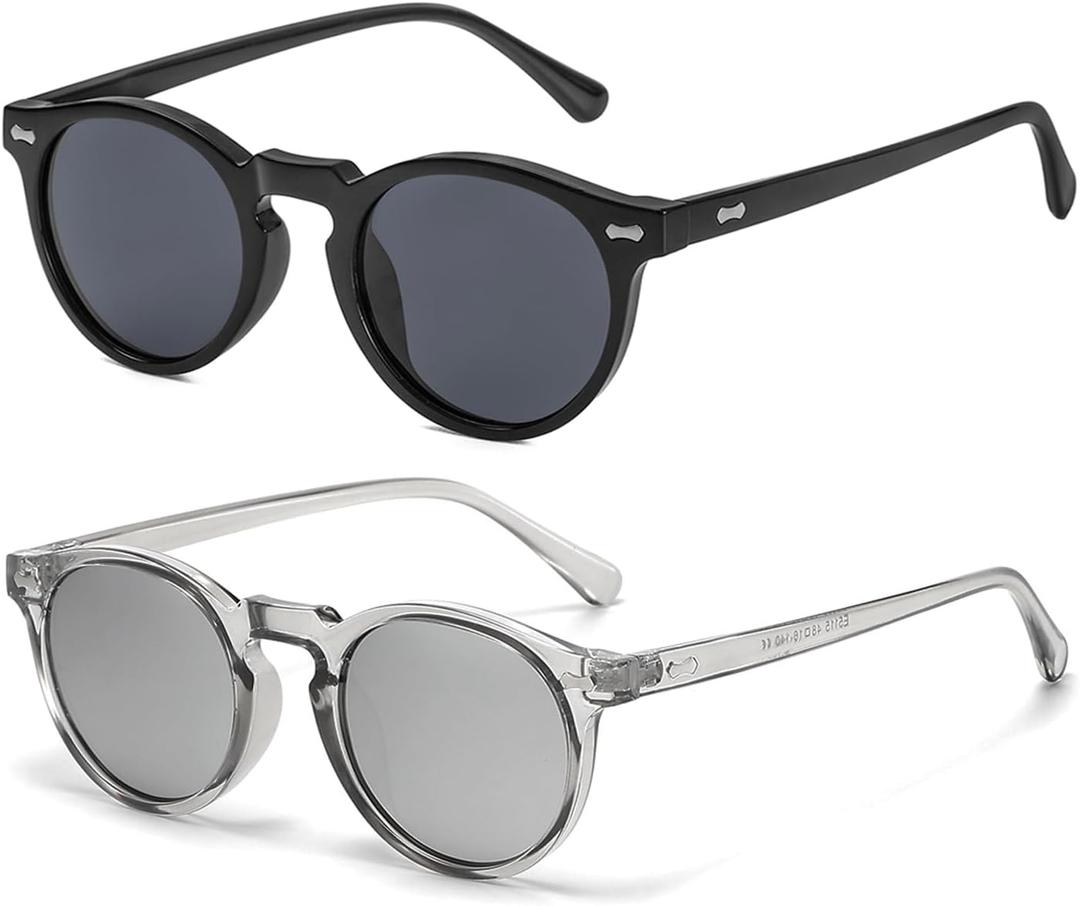 Gleyemor Vintage Polarized Sunglasses for Men Round Sunglasses UV400 Protection Retro Hand-crafted Acetate Frame (Black/Grey+ Clear Grey/Silver Mirror)