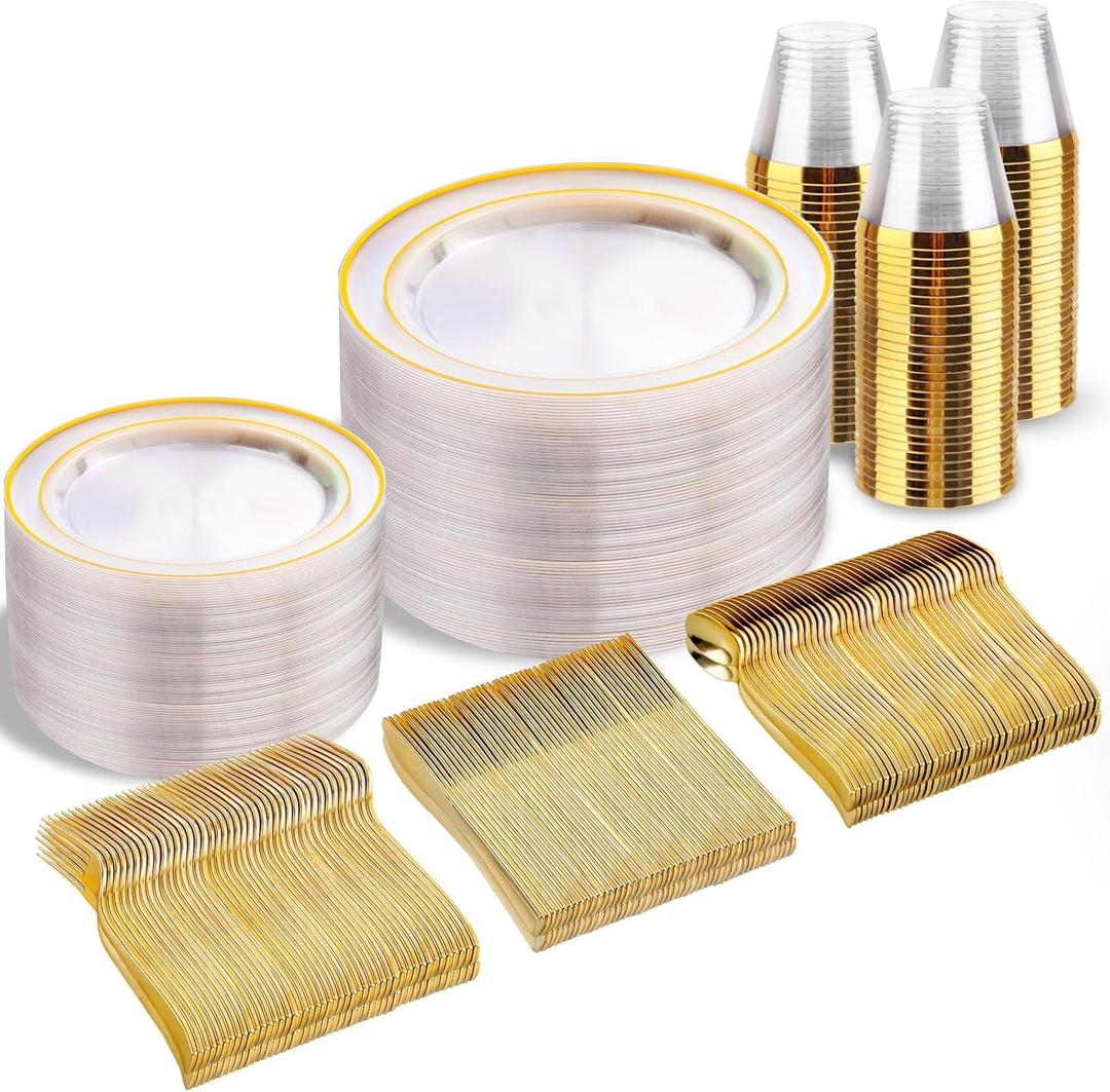 bUCLA 300Pcs Clear Gold Plastic Disposable Dinnerware Set - Clear Plates with Gold Trim Include 50 Dinner / 50 Dessert Plates,50 Cups,150 Plastic Silverware Set for Party