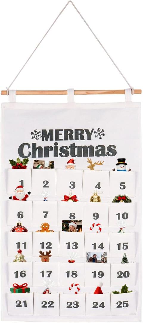 Klmnop Christmas Advent Calendar with 25 Pockets - 27.5x16.5Inch Fabric Countdown Calendar Wall Hanging, Reusable Advent Pocket for Xmas Holiday Decor, Kids Chocolate Candy Fillable(Beige)