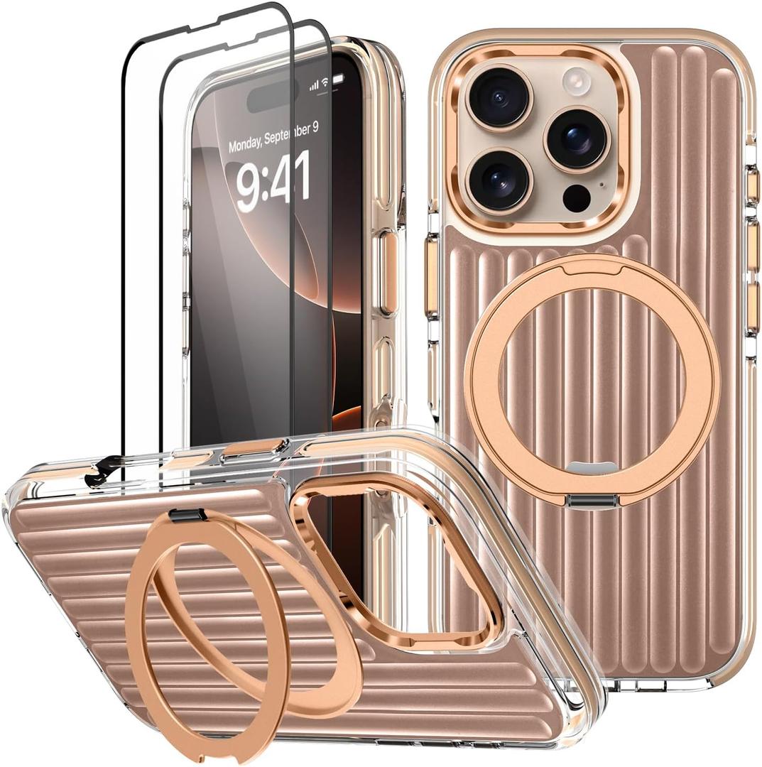 Magnetic Case for iPhone 16 Pro Max Case with Stand & 2X Screen Protector [Compatible with MagSafe] Military Grade Drop Protection Phone Cover with Ring Kickstand for Women Men, Gold Suitcase