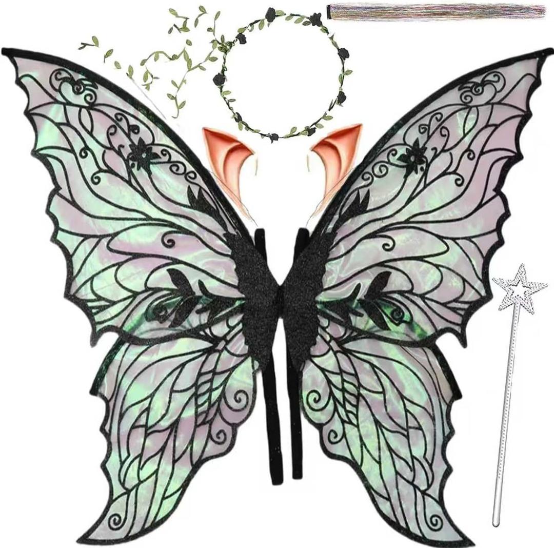 Fairy Wings for Adults, Fairy Costume Set with Floral Garland, Fairy Hair Tinsel, Wand & Elf Ears  31.5"x21.6" Organza Butterfly Wings  Ideal for Cosplay, Party, Black