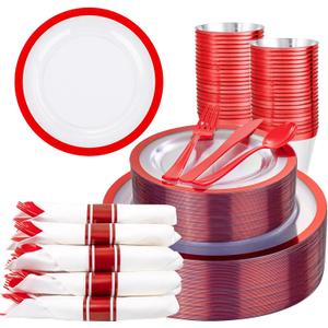 Liacere 350PCS Clear and Red Plastic New Year Plates and Napkins for 50Guests Plastic Dinnerware Set:100 Red Disposable Plates 50 Pre Rolled Napkins with Cutlery,50 Cups for Mother's Day
