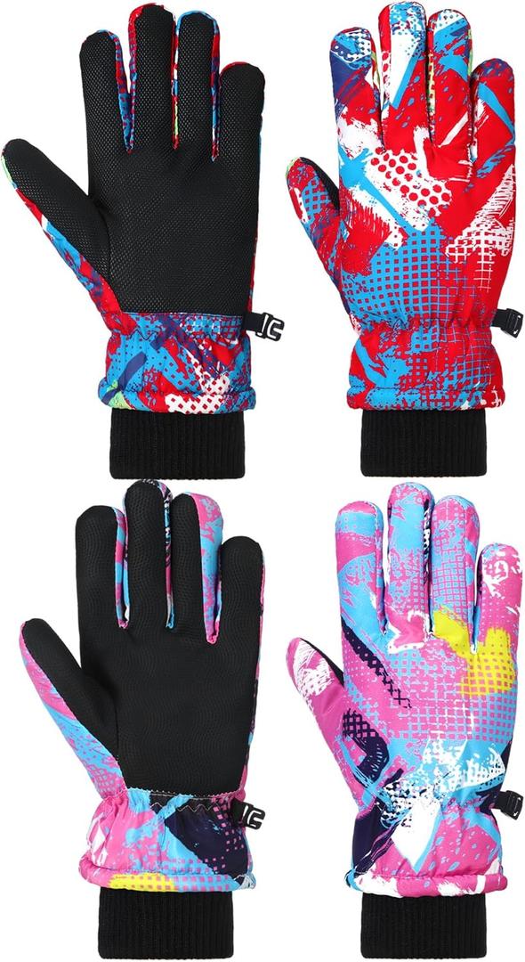 Honoson 2 Pairs Kids Snow Gloves Winter Waterproof Kids Ski Gloves Youth for Girls Boys Outdoor Toddler Snowboard Warm Clothe (4-8 Years, Sweet Pattern)