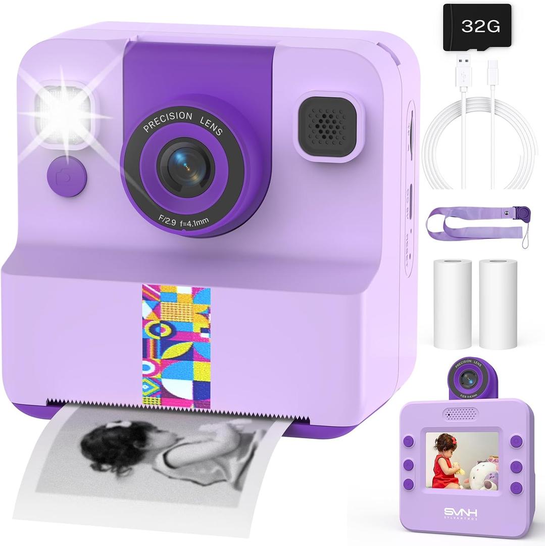 Kids Camera Instant Print, Digital Camera for Kids, 180 Rotating Selfie Lens with 32GB SD Card & 2 Rolls Printing Paper Kids Toy Birthday Gifts for Boys Girls Ages 3-12, Purple