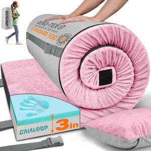 GAIALOOP 3 Inch Memory Foam Camping Mattress, Dual Layer Thick Sleeping Camp Pad for Car Tent Cot, Roll-Up Portable Glamping Floor Bed for Guests Sleepover (Sakura Pink)