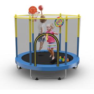 72" Trampoline for Kids with Net,6 FT Indoor & Outdoor Small Toddler Trampoline with Basketball Hoop & Dart Board for Ages 1-8, Birthday Gifts for Boys & Girls, Baby Toddler Christmas Toys (Blue/Yellow)