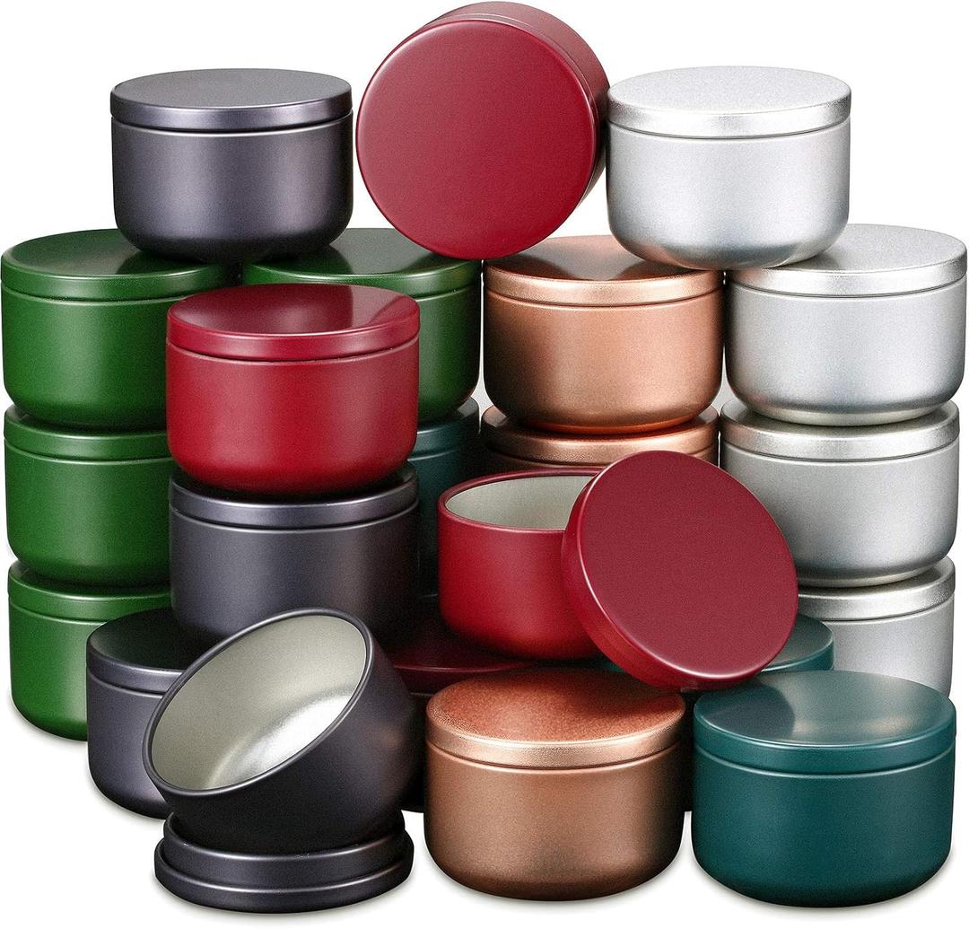24 Pieces Candle Tins 2.1 x 1.5 Inch Tin Aluminum Candle Containers Metal Round Cans with Lids for Crafts DIY Making Storage Arts (Gold, Silver, Blue, Gray, Red, Army Green)