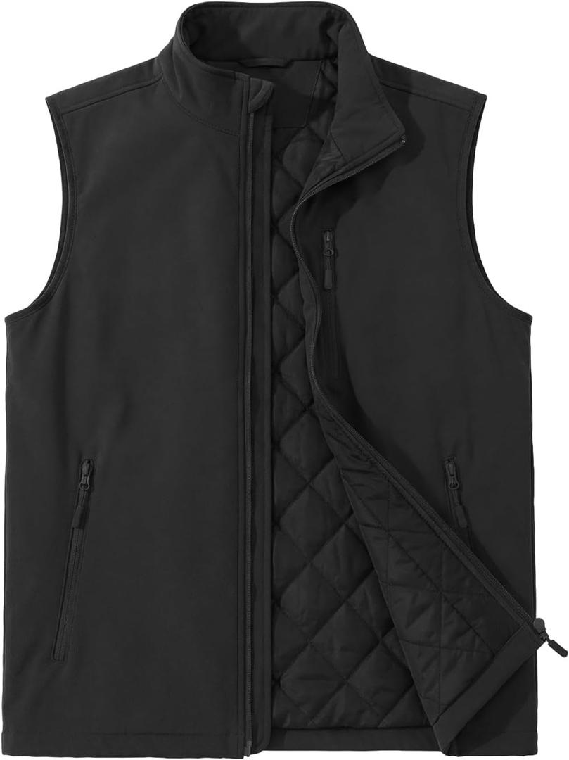 ASPO Men's Windproof Warm Golf Vest Outerwear with 6 Pockets Waterproof Winter Softshell Sleeveless Puffer Jacket for Hiking (Large, Black)