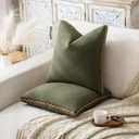 Olive Green Linen Cotton Throw Pillow Covers 18x18 Inch Set of 2, Modern Boho Aesthetic Accent Pillow Cases with Woven Flange for Couch Sofa Bed Room Earthy Tone Home Decor