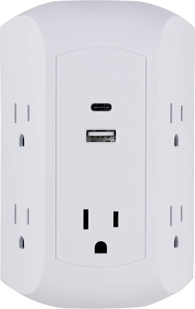 GE UltraPro 5-Outlet Extender with USB and USB-C Port, Surge Protector, Spaced Wall Tap, Side-Access, Charging Station, for iPhone/iPad/Samsung Galaxy/Google Pixel, 560 Joules, UL Listed, White, 43650