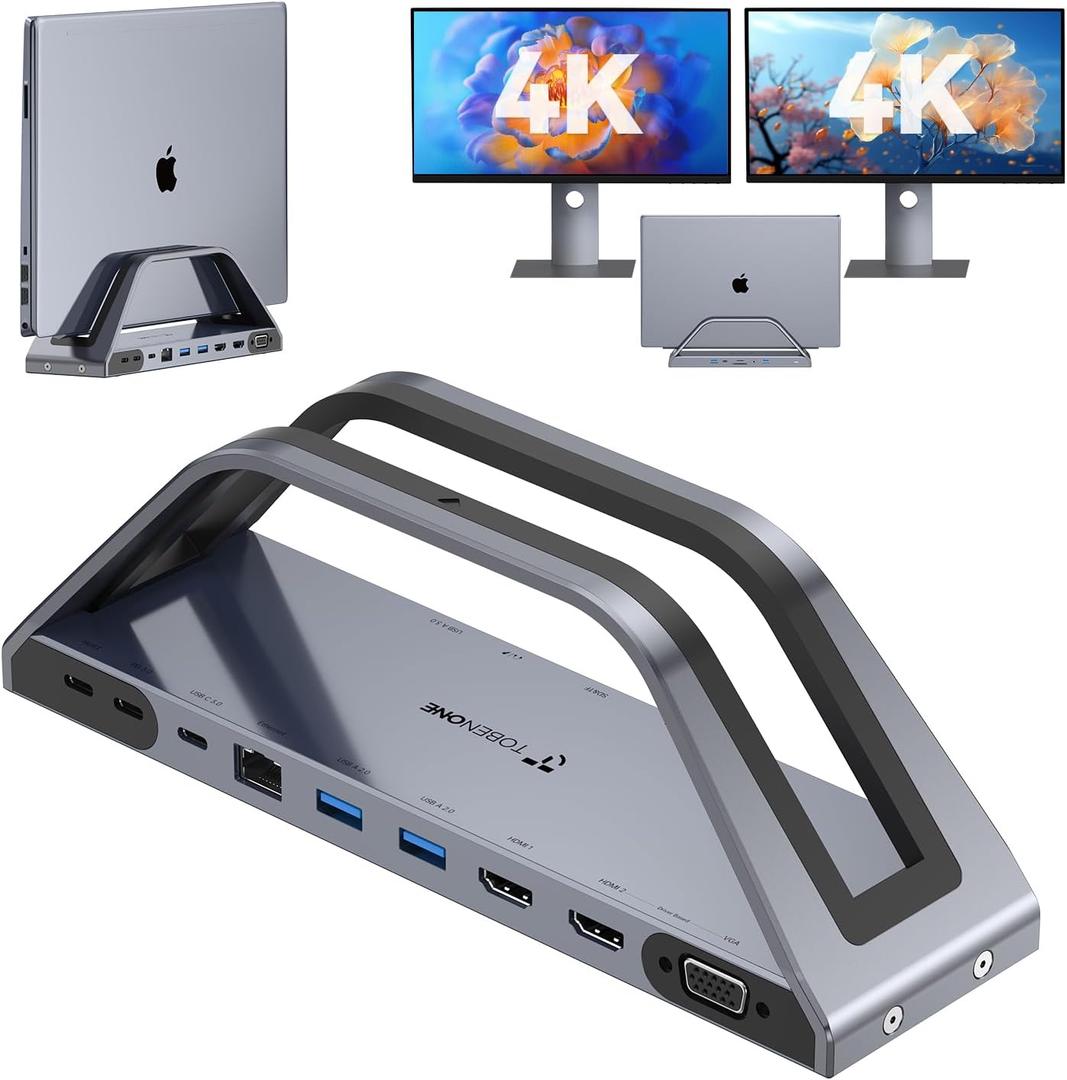 TobenONE 14-in-1 MacBook Pro/Air Docking Station Dual 4K Monitor, Laptop Docking Station Stand for MacBook M1/M2/M3/M4/M5, Driver-Based, USB C Dock with 65W Power Adapter, 2 HDMI,VGA, 5Gbps USB, RJ45