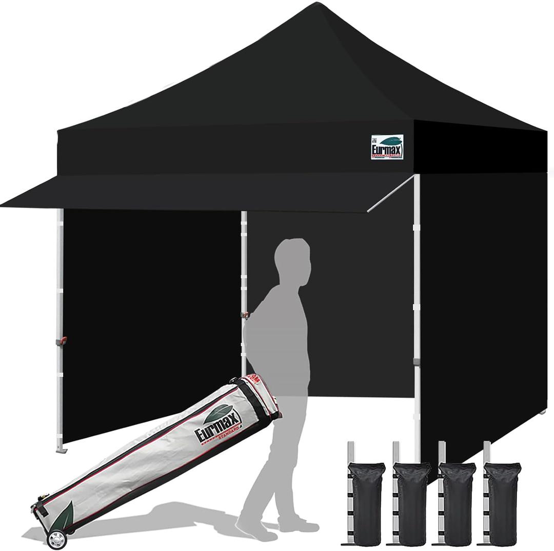 Eurmax USA 10x10 Pop Up Canopy,Commercial Tent with Patented No-Tip Rolling Bag,24sqft Extension Awning & 4 Zippered Removable Walls,UV & Water Resistant,Heavy Duty Instant Shelter Gazebo,Black