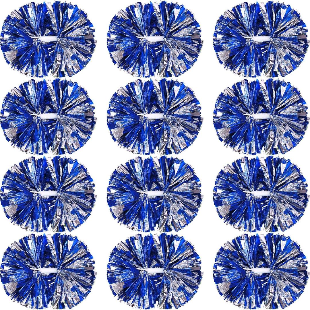 Hoteam 12 Pack Cheerleading Pom Poms Cheer Pompoms with Baton Handle Metallic Foil Pompoms for Adult for Team Sports Party Dance Cheering Squad Accessories, 14 Inch (Blue and Silver)