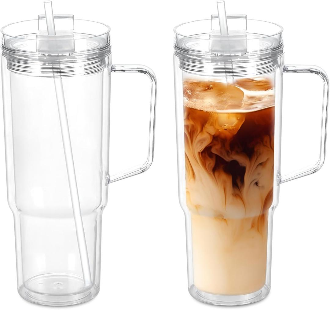 2 Pack 40 Oz Acrylic Tumbler with Handle, Double Wall Reusable Plastic Coffee Cups with Lids and Straws, BPA Free Clear Travel Mug Cup for Juice, Milk, Smoothie, Soda
