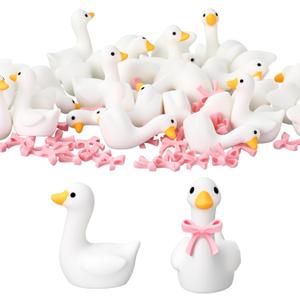 50 Set Mini Gooses Resin Tiny Gooses Figurine with Bows and Glue for Small Desk Goose Gift Decor for Cake Topper, DIY Crafts, Micro Landscape Ornaments, Miniature Geese Animal Statues to Hide(Pink)