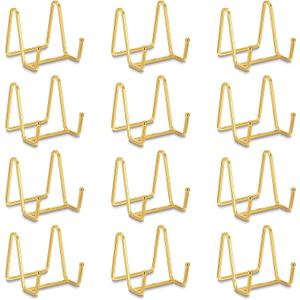 12 PCS Gold Small Plate Holder, 3 Inch Plate Display Stand Photo Stands for Table Display Small Easel Stand Decoration for Kitchens, Living Rooms, Desks, Offices, Dining Rooms and Cafes
