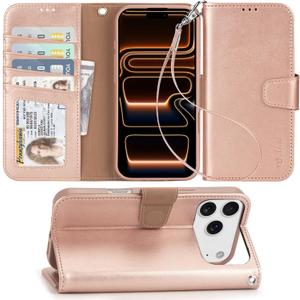 Arae Compatible with iPhone 17 Pro Max Case Wallet with Card Holder, Wristlet Strap Wallet Flip Cover for iPhone 17 Pro Max 6.9 inch Men/Women, RFID Blocking, Kickstand, Rose Gold