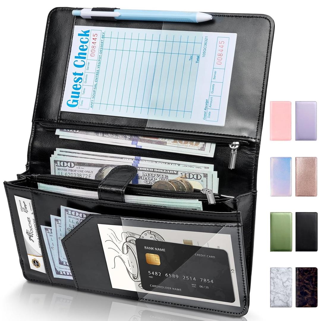 Forvencer Server Book High Volume, Expandable Waitress Book with 2 Zipper & Magnetic Pocket,5"9", Server Books for Waitresses, Waitress Accessories, Fits Restaurant Check, Waitress Apron (Black) (Extended Version)
