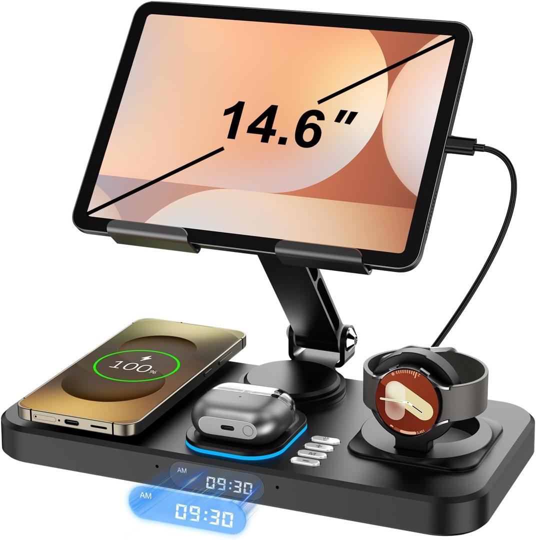 30W Wireless Charger for Samsung/Android Mag-Safe Charging Station with Clock/Light for Samsung S25/S24/S23 Ultra/Buds, for iPad/Tablet Stand, Watch Charger Only for Galaxy Watch 7/6/5,Carbon Black