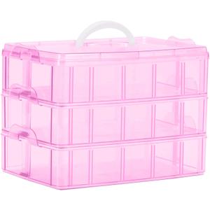 Sooyee Bead Organizer,3-Tier Craft Organizers and Storage,Stackable Storage Containers with 30 Compartments Dividers for Washi Tape,Toy, Nail,Art Supplies, Fishing Tackle, Pink