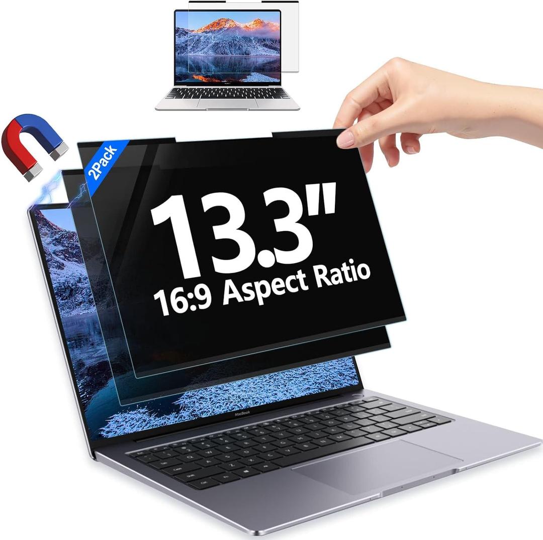 2Pack Magnetic 13.3 Inch Laptop Privacy Screen 16:9 Aspect Ratio, Removable Anti-Blue/Glare Protector Film, Anti Spy Desktop Security Private Filter 13.3in