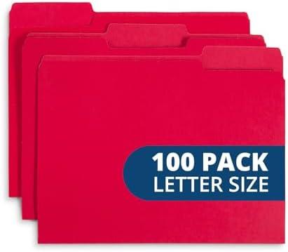 File Folder, 1/3 Cut Tab, Letter Size, Red, Great for Organizing and Easy File Storage, 100 Per Box