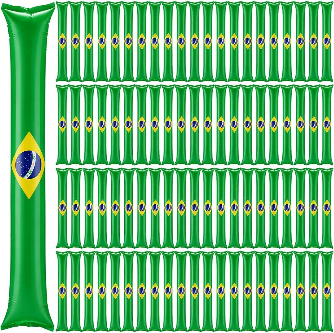 Foilswirl 100 Pcs Brazil Inflatable Cheer Sticks Brazilian Flag Thunder Boom Sticks Cheerleading Spirit Noise Makers for Football Games Sports Events Carnaval Parades Indoor Outdoor Party Supplies