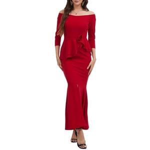 Red Elegant Wedding Long Sleeve Bodycon Cocktail Maxi Dresses for Women Formal Off Shoulder Split Evening Gown Prom Mermaid Party Dress XXL