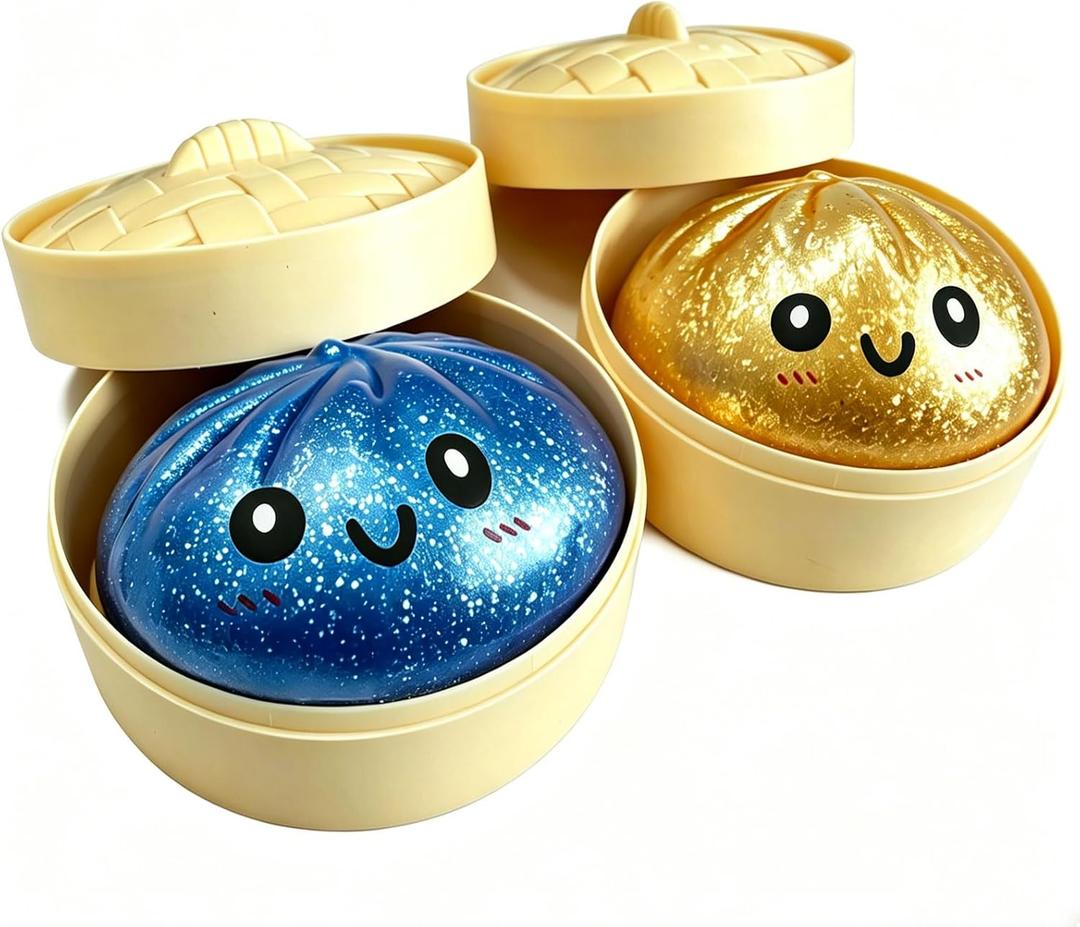 2pcs Glitter Dumpling Squishy, Mystery Glitter Dumpling Squishies Box, Colorful Dumplings Stress Balls Fidget Sensory Toy, Soft Squeeze Decompression Dough for Anxiety Relief Fidget(Blue+Golden)