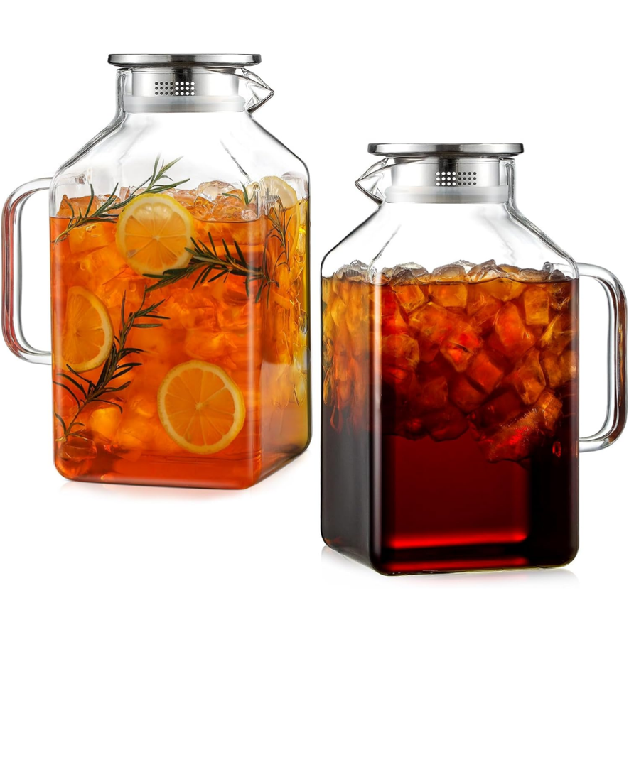 2 packs with Lid and Spout, Borosilicate Glass Carafe for Hot/Cold Drink, Water Pitchers with Handle for Fridge, Extra Large Jug for Iced Tea, Coffee, Juice, Beverage