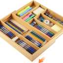 Bamboo Sliding Desk Drawer Organizer 9'' up to 18'' x 15'' x 2'' Expandable Office Desk Accessories Supplies Tray with 7 Compartments for Pens, Notebooks, Rulers, and Makeup Jewelry Vanity