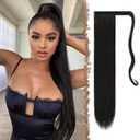 FESHFEN Straight Ponytail Extensions - 28 Inch Long Wrap Around Synthetic Natural Black Ponytails Hair Piece Pony Tail Hair Extensions Hairpieces for Women