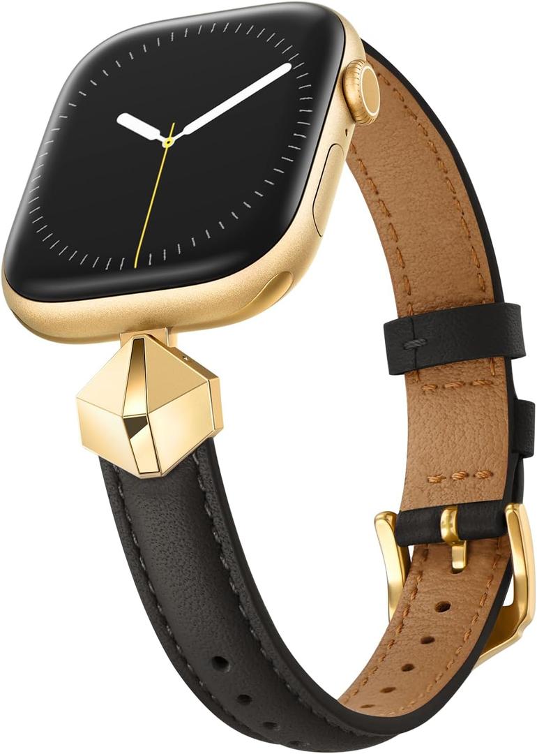 WFEAGL Leather Band Compatible with Apple Watch Bands Women 38mm 40mm 41mm 42mm(Series 11/10),Dressy Slim Grain Genuine Leather band for iWatch SE Series 11/10/9/8/7/6/5/4/3/2/1-Black/Gold