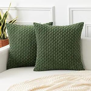 Kevin Textile Spring Throw Pillow Covers Soft Corduroy Decorative Set of 2 Boho Striped Pillow Covers Pillowcases Farmhouse Home Decor for Couch Bed Sofa Living Room 18x18 Inch Moss Green