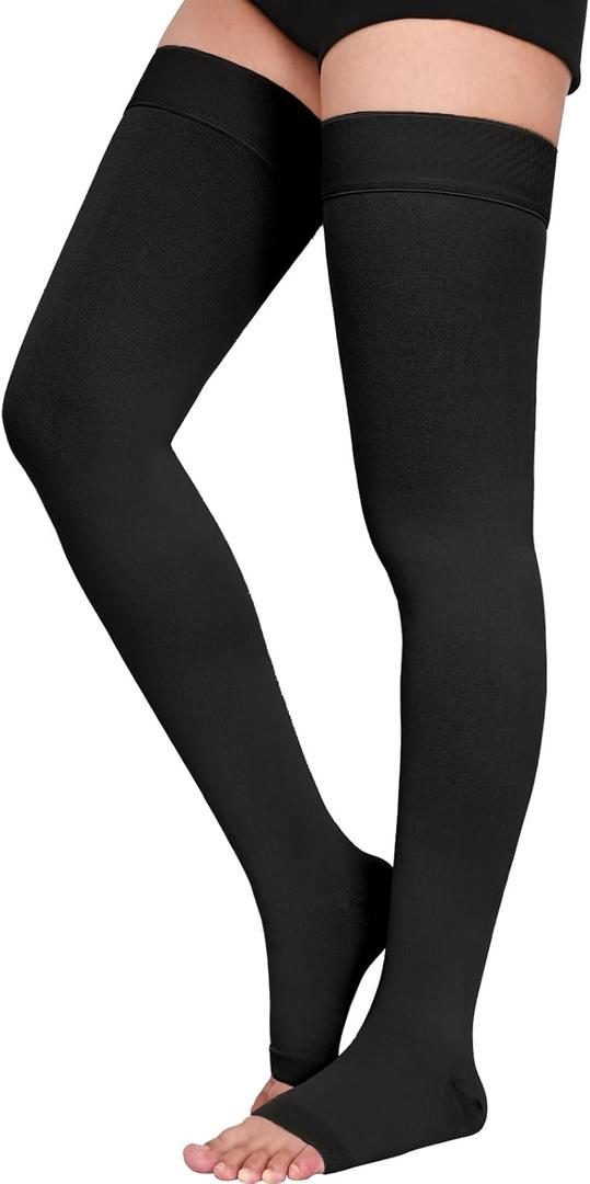 Thigh High 15-20 mmHg Compression Stocking, Open Toe Compression Socks for women & men circulation with Silicone Dot Band-Ideal for Athletic, Medical, Travel Use, L, 15-20mmHg,Open Toe,Black