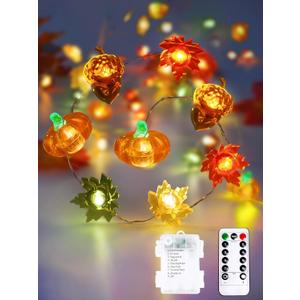 Fall Decorations 3D Pumpkin Acorn Maple Leaf Fairy Lights Battery Operated with Remote, 10FT 30 LED String Lights Outdoor & Indoor, Waterproof 8 Modes for Garland Harvest Thanksgiving Halloween Decor