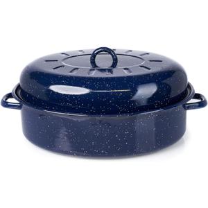 IMUSA USA 18" Traditional Vintage Style Blue Speckled Enamel on Steel Covered Oval Roaster