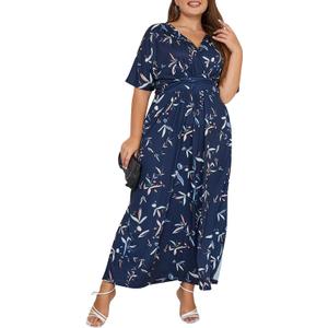 Keluummi Plus Size Wedding Guest Maxi Dresses for Curvy Women, Summer Formal Floral V Neck 3/4 Sleeve A Line Long Party Dress (Blue)