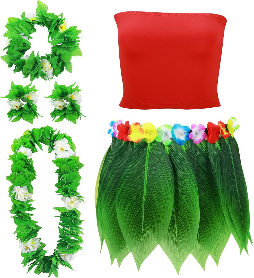 Yahenda 6 Pcs Hawaiian Woman Costume Leaf Hula Skirt with Crop Top Flower Necklace and Leis Outfits for Summer Luau Party (Medium)